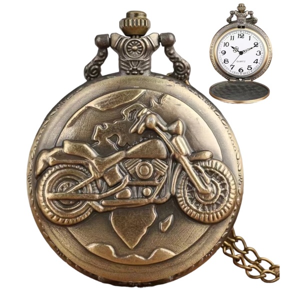 Bee Happy Market Boutique Other - Motorcycle Pocket Watch Bronze Flip Open Pendant Chain Moto Steampunk Watch